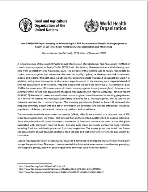 Joint FAO/WHO Expert meeting on Microbiological Risk Assessment of Listeria monocytogenes in 
Ready-to-Eat (RTE) Food: Attribution, Characterization and Monitoring