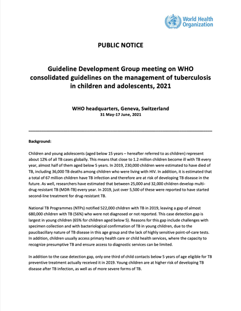 PUBLIC NOTICE: Guideline Development Group meeting on WHO consolidated guidelines on the management of tuberculosis in children and adolescents, 2021