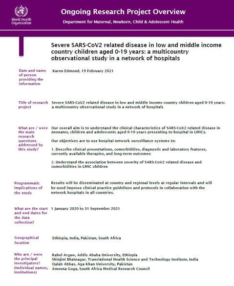 Severe SARS-CoV2 related disease In low and middle income country children aged 0-19 years